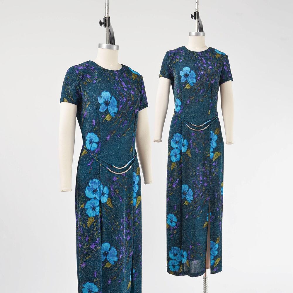 Vintage 90s Metallic Floral Maxi Dress Belted Waist Stretchy Bodycon Party XS S